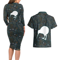 New Zealand is Calling and I Must Go Couples Matching Long Sleeve Bodycon Dress and Hawaiian Shirt Kiwi Bird Silhouette