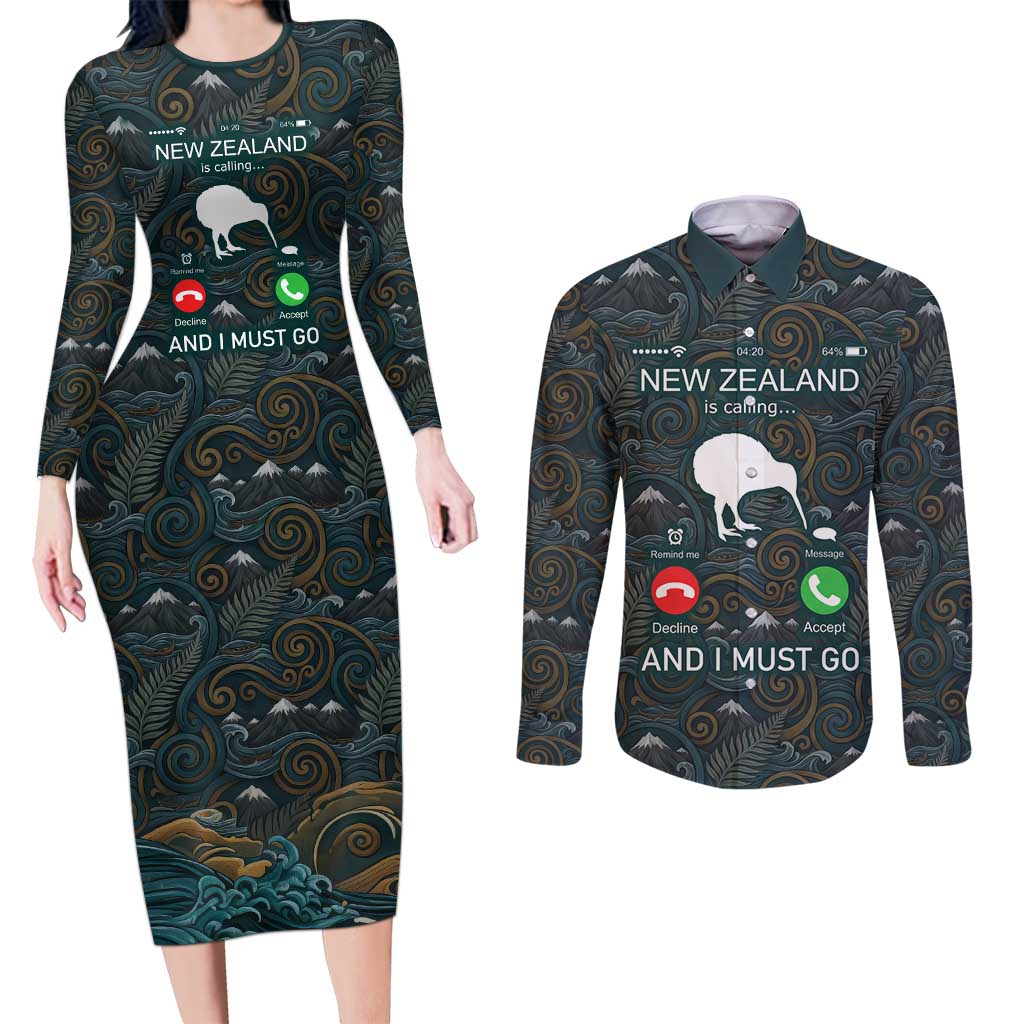 New Zealand is Calling and I Must Go Couples Matching Long Sleeve Bodycon Dress and Long Sleeve Button Shirt Kiwi Bird Silhouette