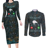New Zealand is Calling and I Must Go Couples Matching Long Sleeve Bodycon Dress and Long Sleeve Button Shirt Kiwi Bird Silhouette