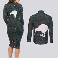 New Zealand is Calling and I Must Go Couples Matching Long Sleeve Bodycon Dress and Long Sleeve Button Shirt Kiwi Bird Silhouette
