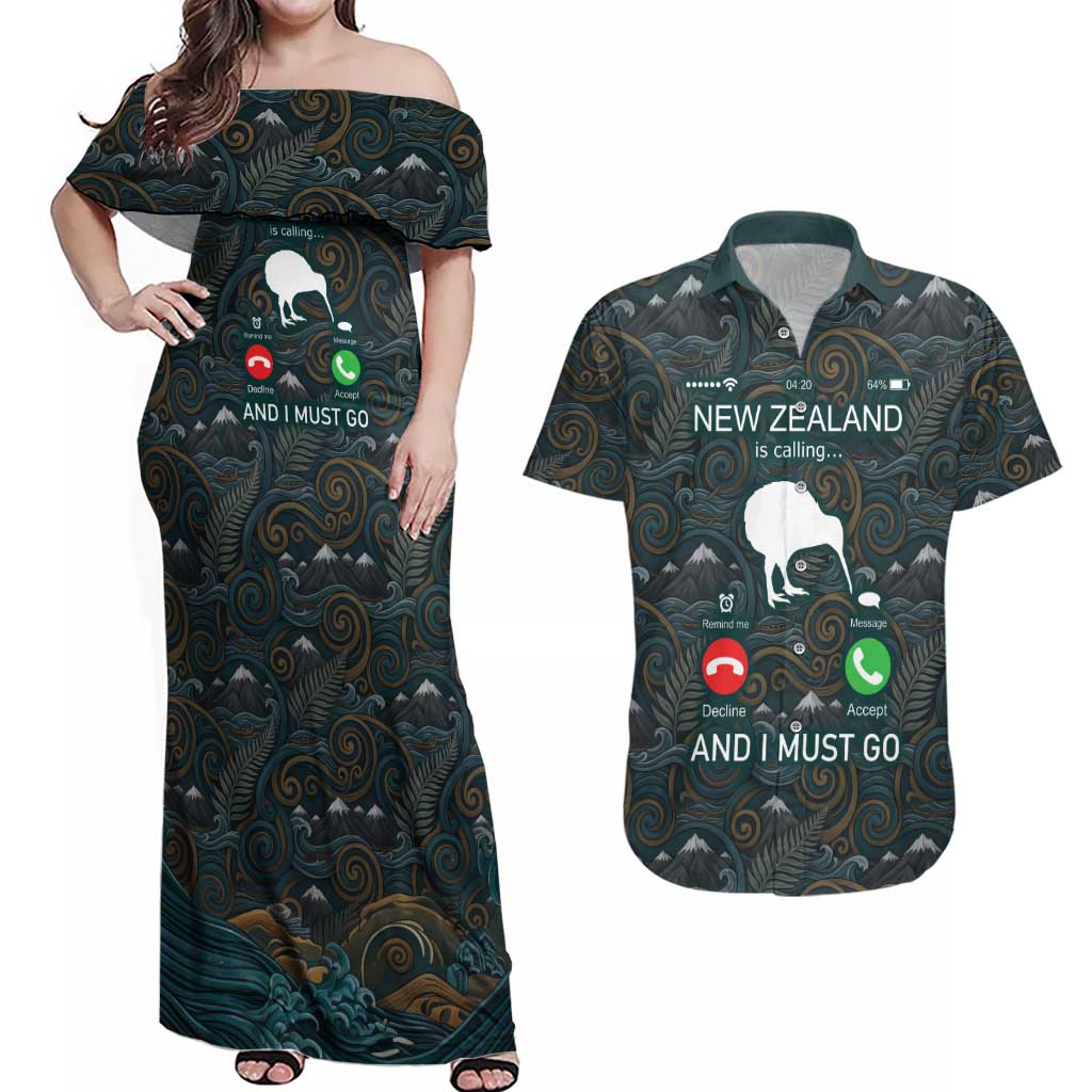 New Zealand is Calling and I Must Go Couples Matching Off Shoulder Maxi Dress and Hawaiian Shirt Kiwi Bird Silhouette