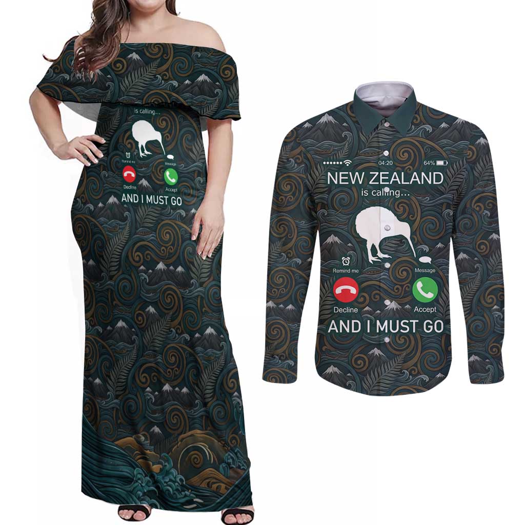 New Zealand is Calling and I Must Go Couples Matching Off Shoulder Maxi Dress and Long Sleeve Button Shirt Kiwi Bird Silhouette