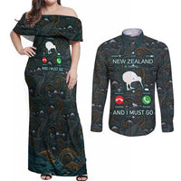 New Zealand is Calling and I Must Go Couples Matching Off Shoulder Maxi Dress and Long Sleeve Button Shirt Kiwi Bird Silhouette