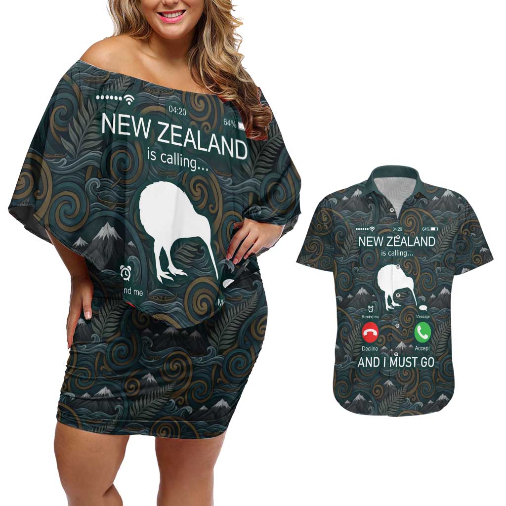 New Zealand is Calling and I Must Go Couples Matching Off Shoulder Short Dress and Hawaiian Shirt Kiwi Bird Silhouette