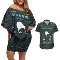 New Zealand is Calling and I Must Go Couples Matching Off Shoulder Short Dress and Hawaiian Shirt Kiwi Bird Silhouette