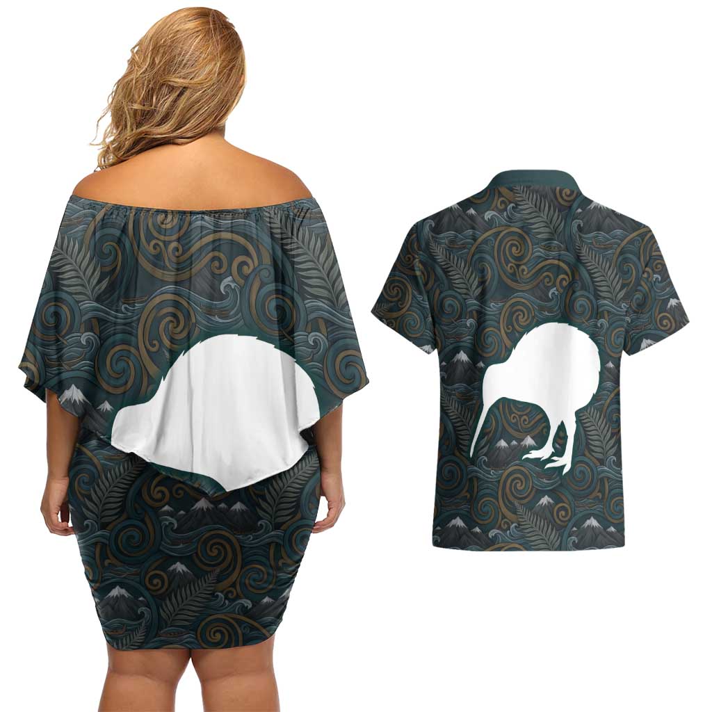 New Zealand is Calling and I Must Go Couples Matching Off Shoulder Short Dress and Hawaiian Shirt Kiwi Bird Silhouette