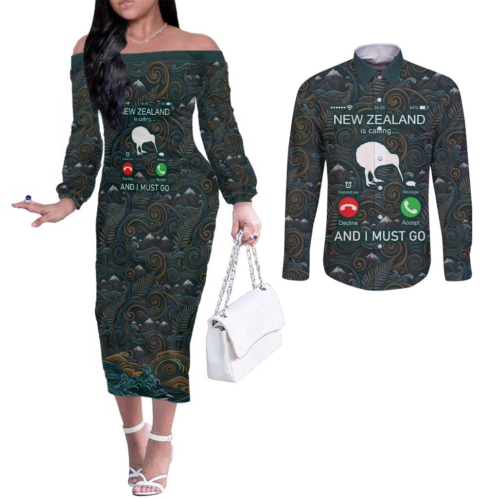 New Zealand is Calling and I Must Go Couples Matching Off The Shoulder Long Sleeve Dress and Long Sleeve Button Shirt Kiwi Bird Silhouette