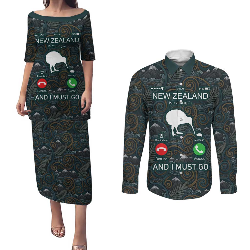 New Zealand is Calling and I Must Go Couples Matching Puletasi and Long Sleeve Button Shirt Kiwi Bird Silhouette