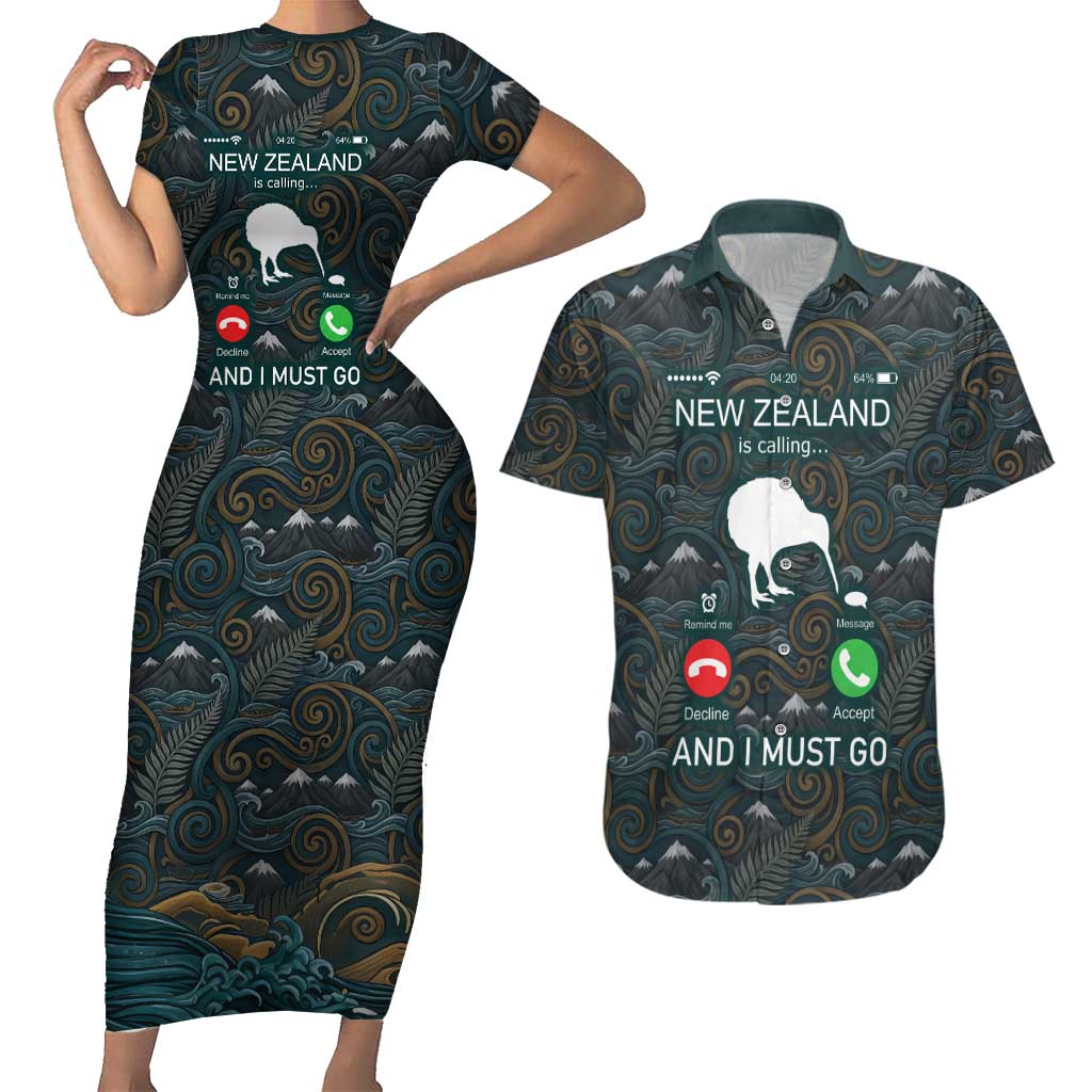 New Zealand is Calling and I Must Go Couples Matching Short Sleeve Bodycon Dress and Hawaiian Shirt Kiwi Bird Silhouette