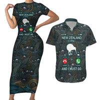 New Zealand is Calling and I Must Go Couples Matching Short Sleeve Bodycon Dress and Hawaiian Shirt Kiwi Bird Silhouette
