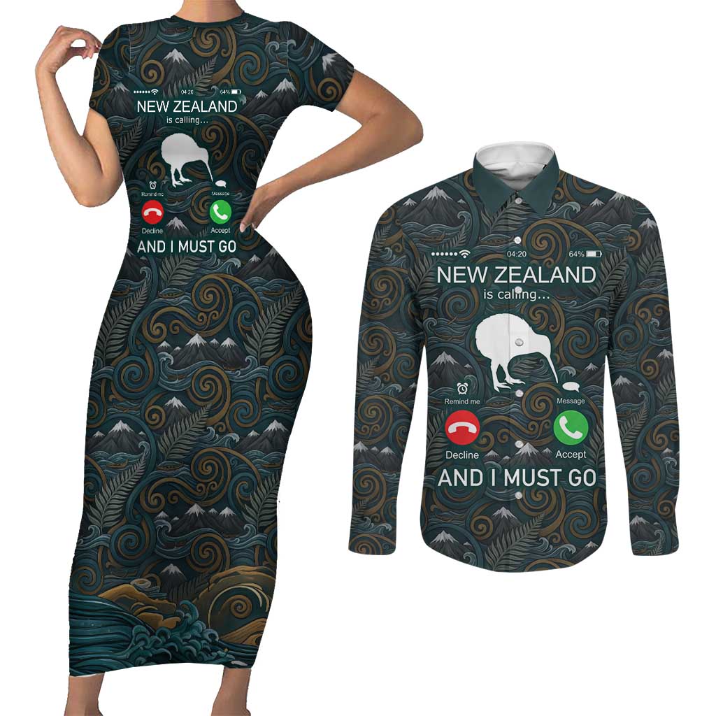 New Zealand is Calling and I Must Go Couples Matching Short Sleeve Bodycon Dress and Long Sleeve Button Shirt Kiwi Bird Silhouette