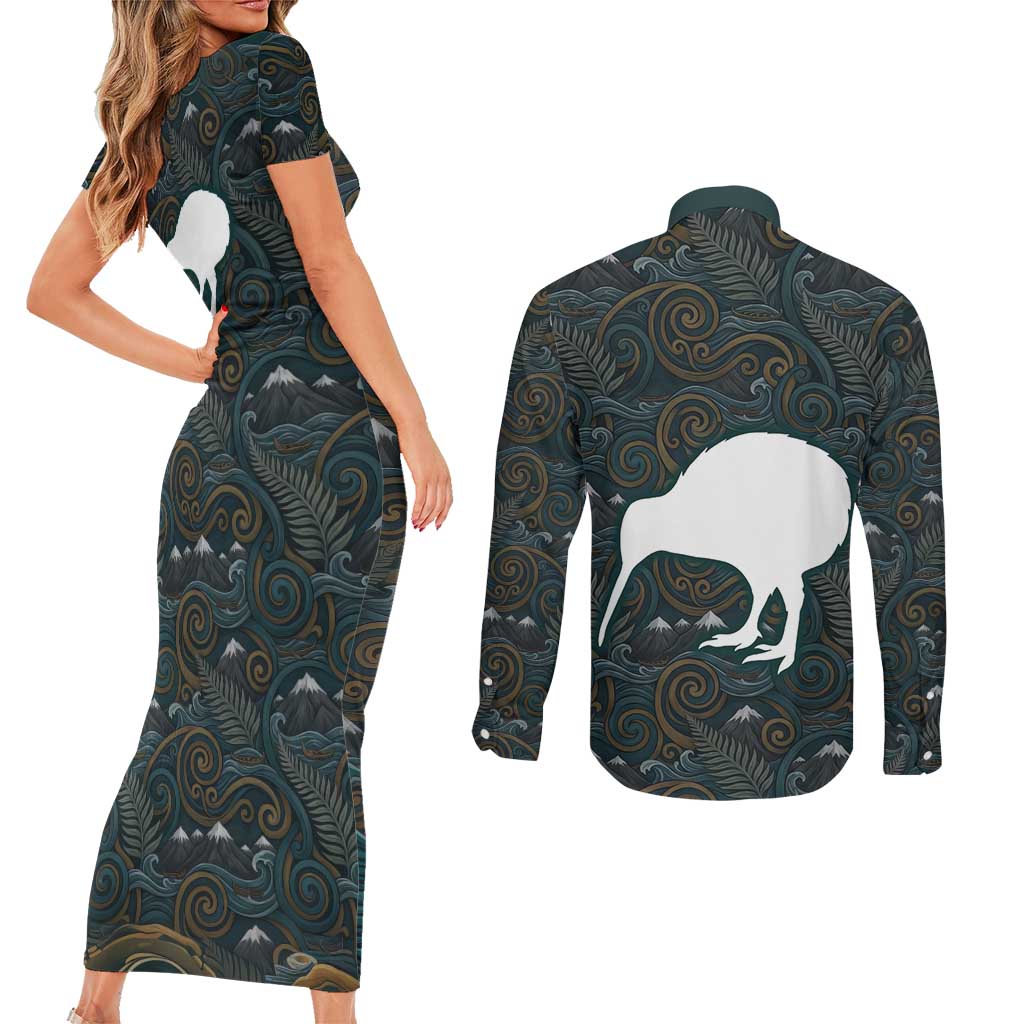 New Zealand is Calling and I Must Go Couples Matching Short Sleeve Bodycon Dress and Long Sleeve Button Shirt Kiwi Bird Silhouette
