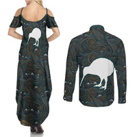 New Zealand is Calling and I Must Go Couples Matching Summer Maxi Dress and Long Sleeve Button Shirt Kiwi Bird Silhouette