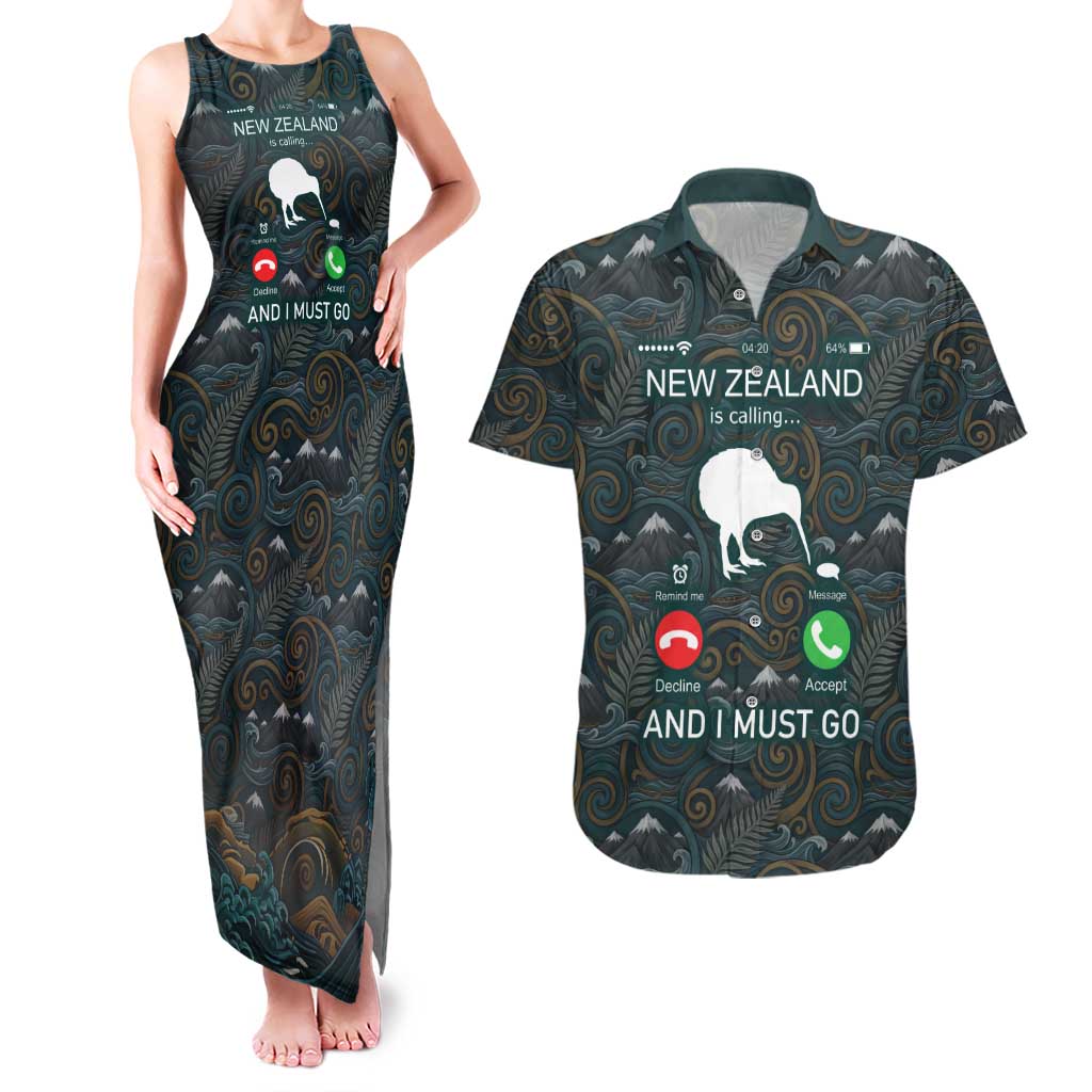 New Zealand is Calling and I Must Go Couples Matching Tank Maxi Dress and Hawaiian Shirt Kiwi Bird Silhouette
