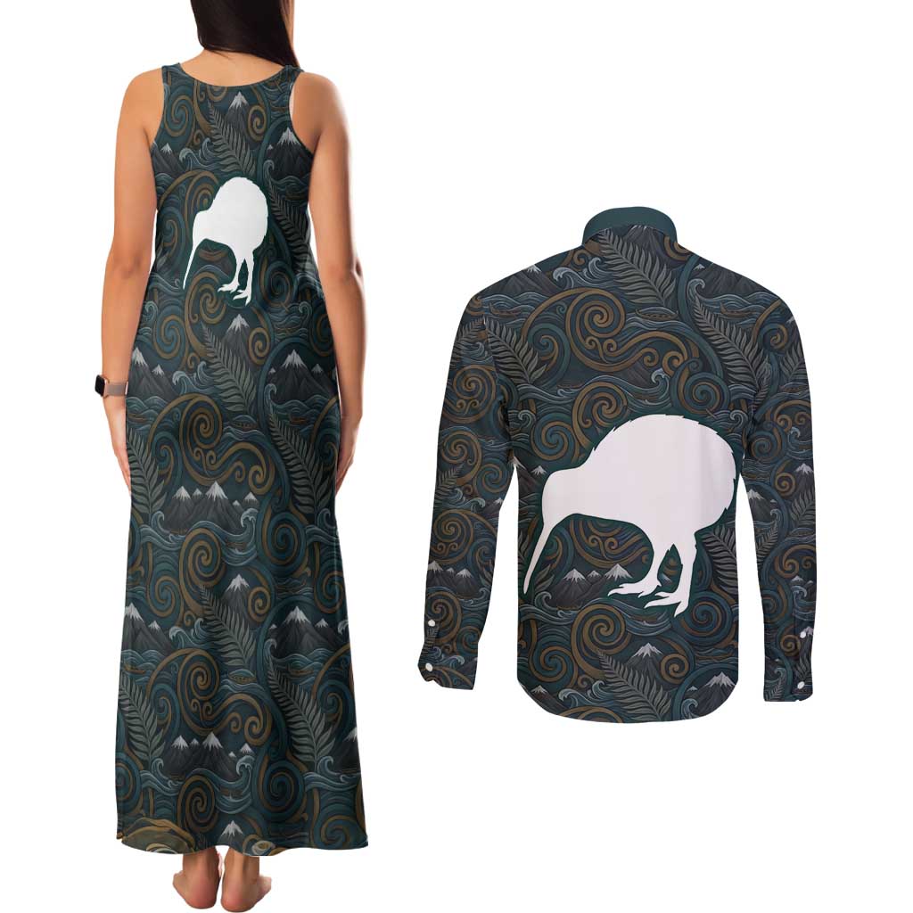 New Zealand is Calling and I Must Go Couples Matching Tank Maxi Dress and Long Sleeve Button Shirt Kiwi Bird Silhouette