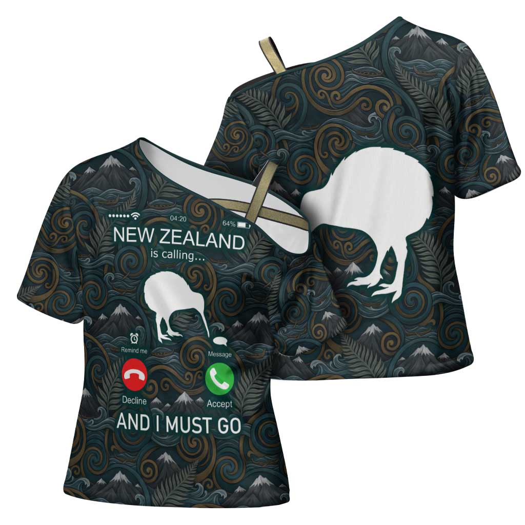 New Zealand is Calling and I Must Go Cross Shoulder Shirt Kiwi Bird Silhouette