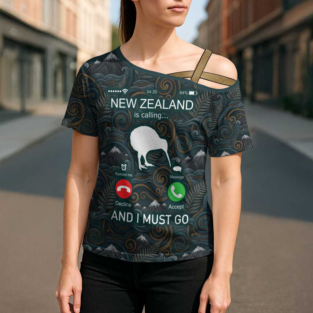New Zealand is Calling and I Must Go Cross Shoulder Shirt Kiwi Bird Silhouette