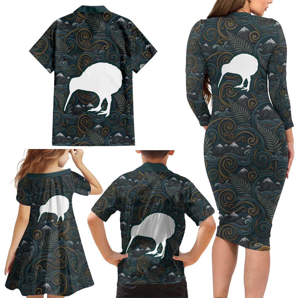 New Zealand is Calling and I Must Go Family Matching Long Sleeve Bodycon Dress and Hawaiian Shirt Kiwi Bird Silhouette