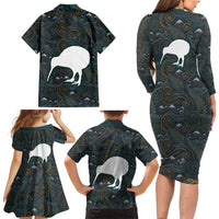 New Zealand is Calling and I Must Go Family Matching Long Sleeve Bodycon Dress and Hawaiian Shirt Kiwi Bird Silhouette
