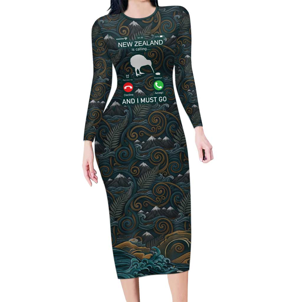 New Zealand is Calling and I Must Go Family Matching Long Sleeve Bodycon Dress and Hawaiian Shirt Kiwi Bird Silhouette