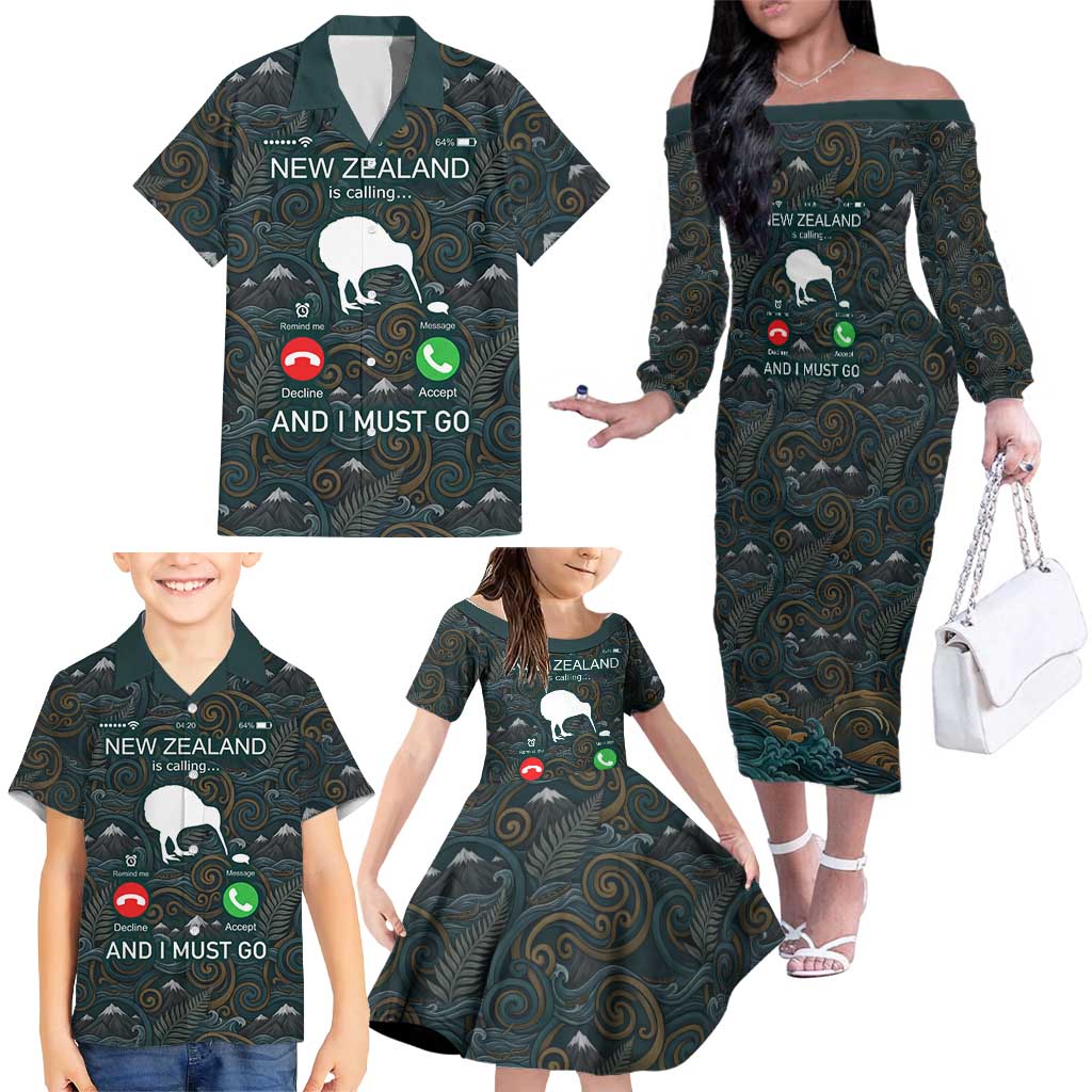 New Zealand is Calling and I Must Go Family Matching Off The Shoulder Long Sleeve Dress and Hawaiian Shirt Kiwi Bird Silhouette