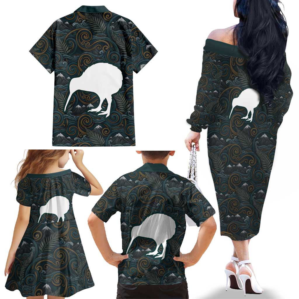 New Zealand is Calling and I Must Go Family Matching Off The Shoulder Long Sleeve Dress and Hawaiian Shirt Kiwi Bird Silhouette