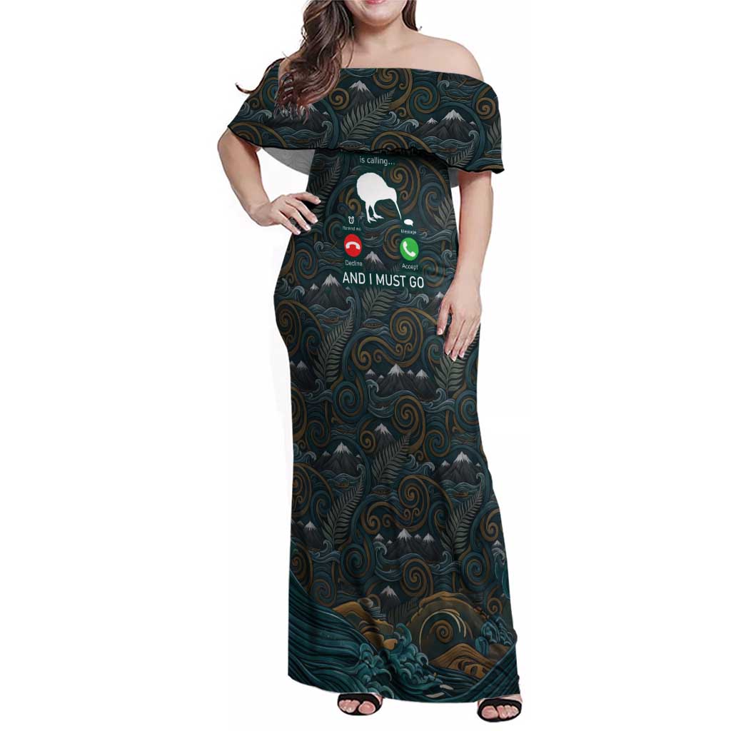 New Zealand is Calling and I Must Go Family Matching Off Shoulder Maxi Dress and Hawaiian Shirt Kiwi Bird Silhouette