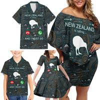 New Zealand is Calling and I Must Go Family Matching Off Shoulder Short Dress and Hawaiian Shirt Kiwi Bird Silhouette