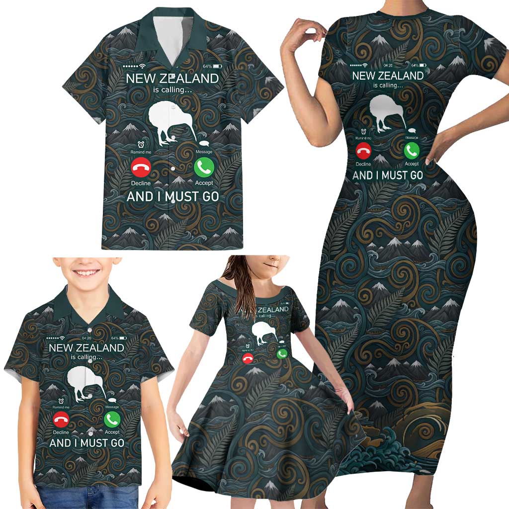 New Zealand is Calling and I Must Go Family Matching Short Sleeve Bodycon Dress and Hawaiian Shirt Kiwi Bird Silhouette
