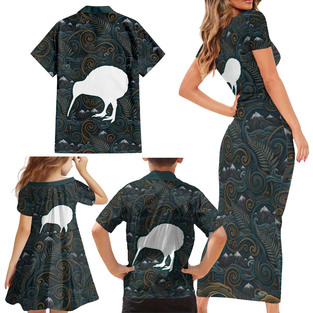 New Zealand is Calling and I Must Go Family Matching Short Sleeve Bodycon Dress and Hawaiian Shirt Kiwi Bird Silhouette