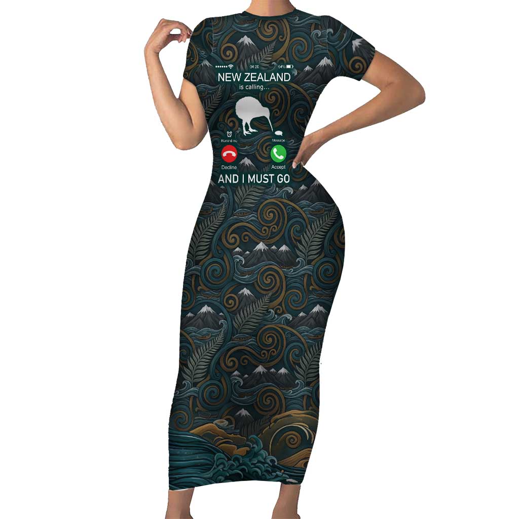 New Zealand is Calling and I Must Go Family Matching Short Sleeve Bodycon Dress and Hawaiian Shirt Kiwi Bird Silhouette