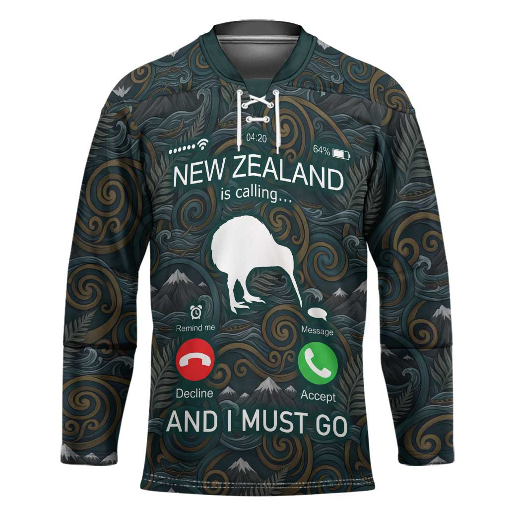 New Zealand is Calling and I Must Go Hockey Jersey Kiwi Bird Silhouette