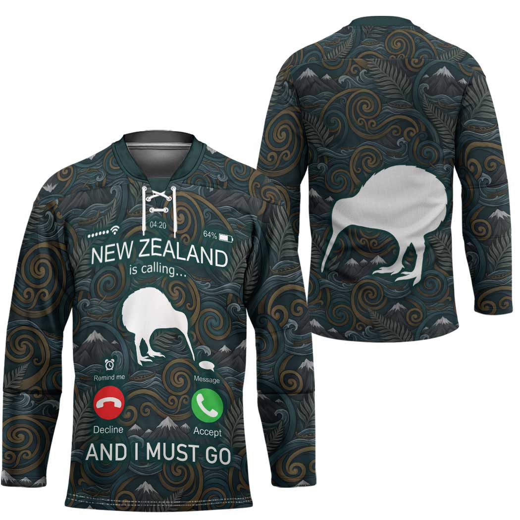 New Zealand is Calling and I Must Go Hockey Jersey Kiwi Bird Silhouette