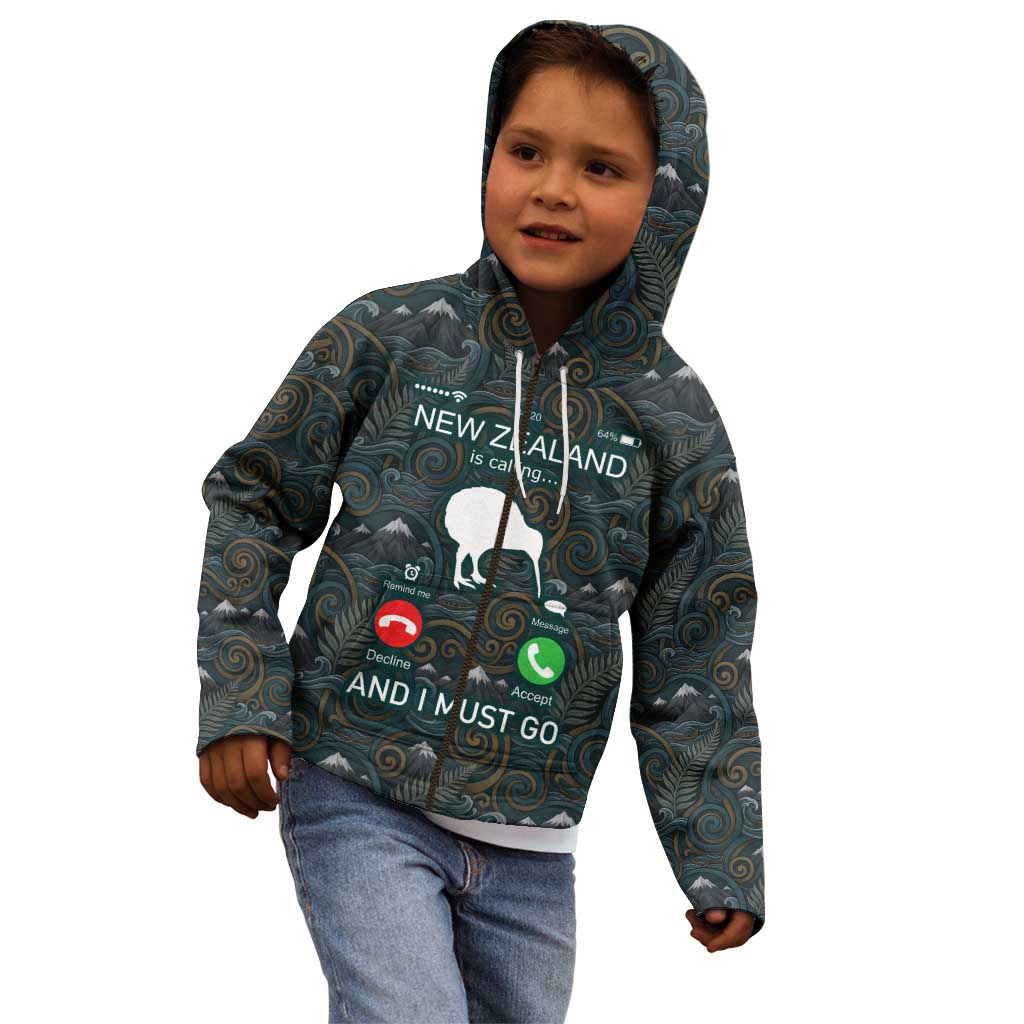 New Zealand is Calling and I Must Go Kid Hoodie Kiwi Bird Silhouette