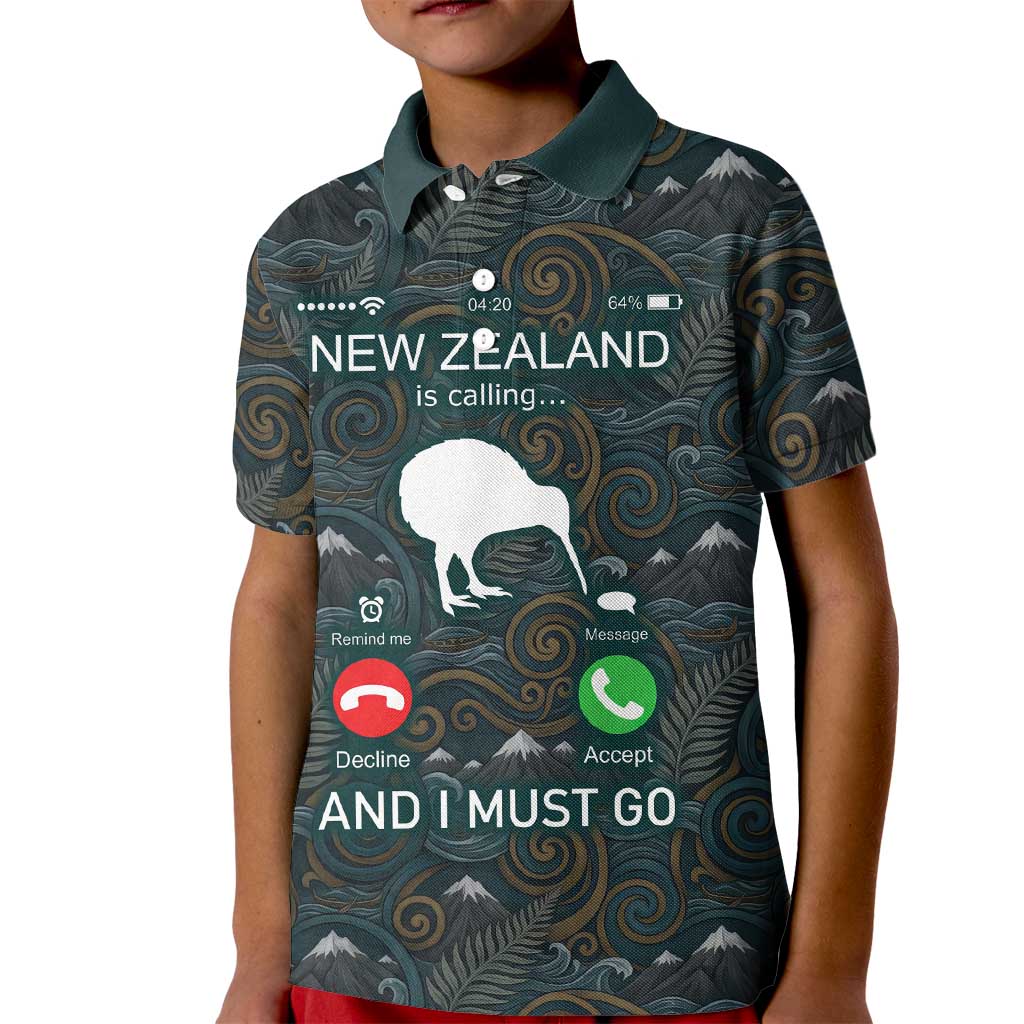 New Zealand is Calling and I Must Go Kid Polo Shirt Kiwi Bird Silhouette