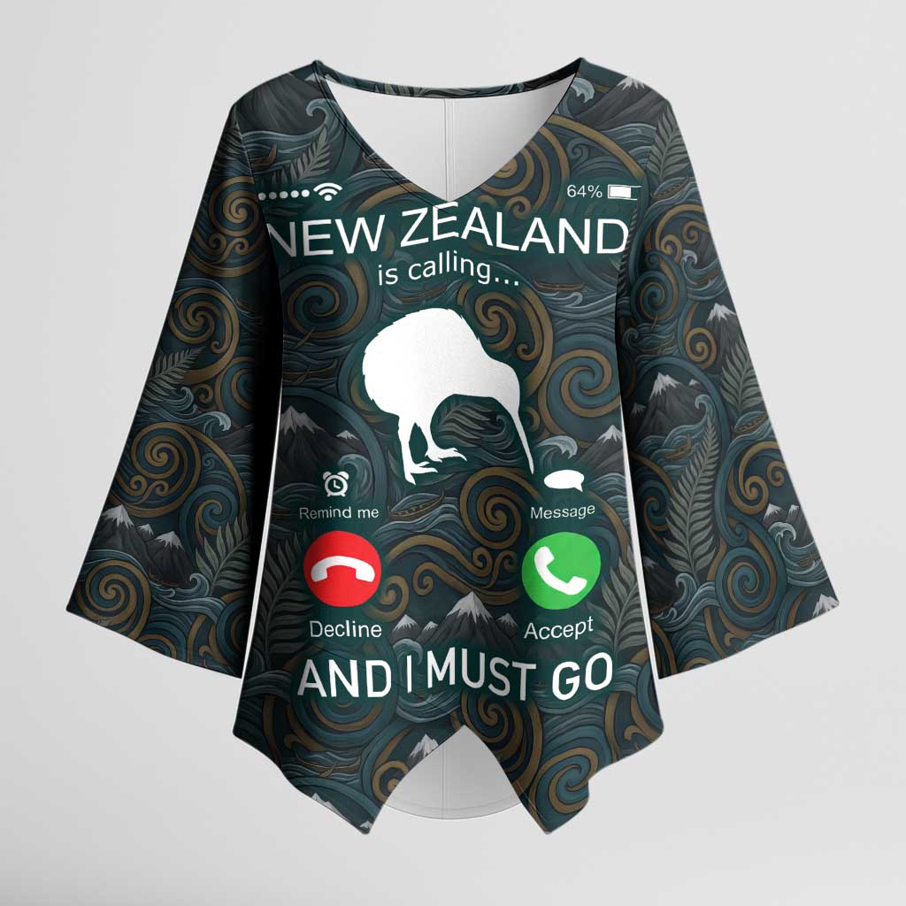 New Zealand is Calling and I Must Go Kimono Sleeve Blouse Kiwi Bird Silhouette TS04 Female Multicolor - Polynesian Pride