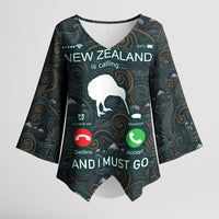 New Zealand is Calling and I Must Go Kimono Sleeve Blouse Kiwi Bird Silhouette TS04 Female Multicolor - Polynesian Pride