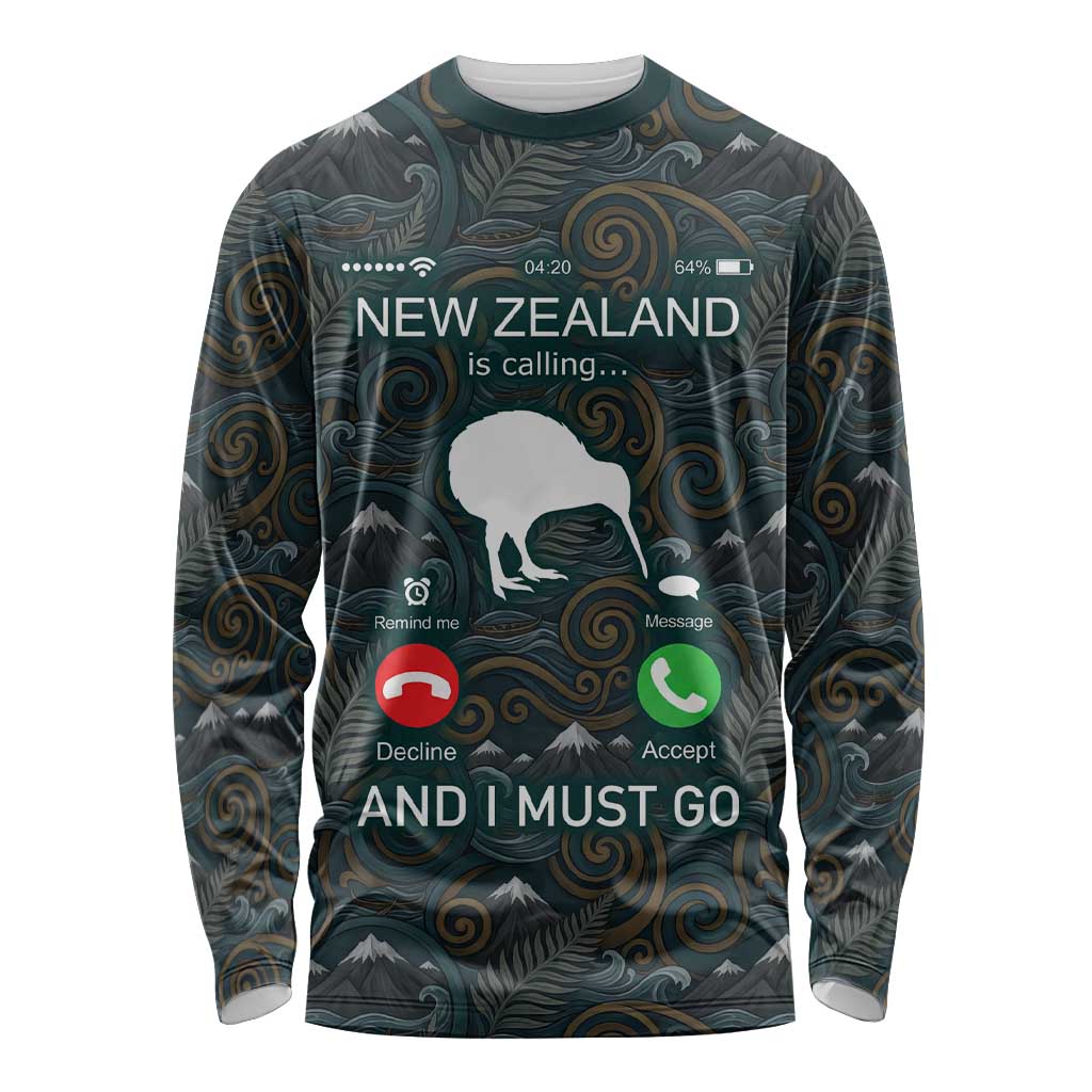 New Zealand is Calling and I Must Go Long Sleeve Shirt Kiwi Bird Silhouette