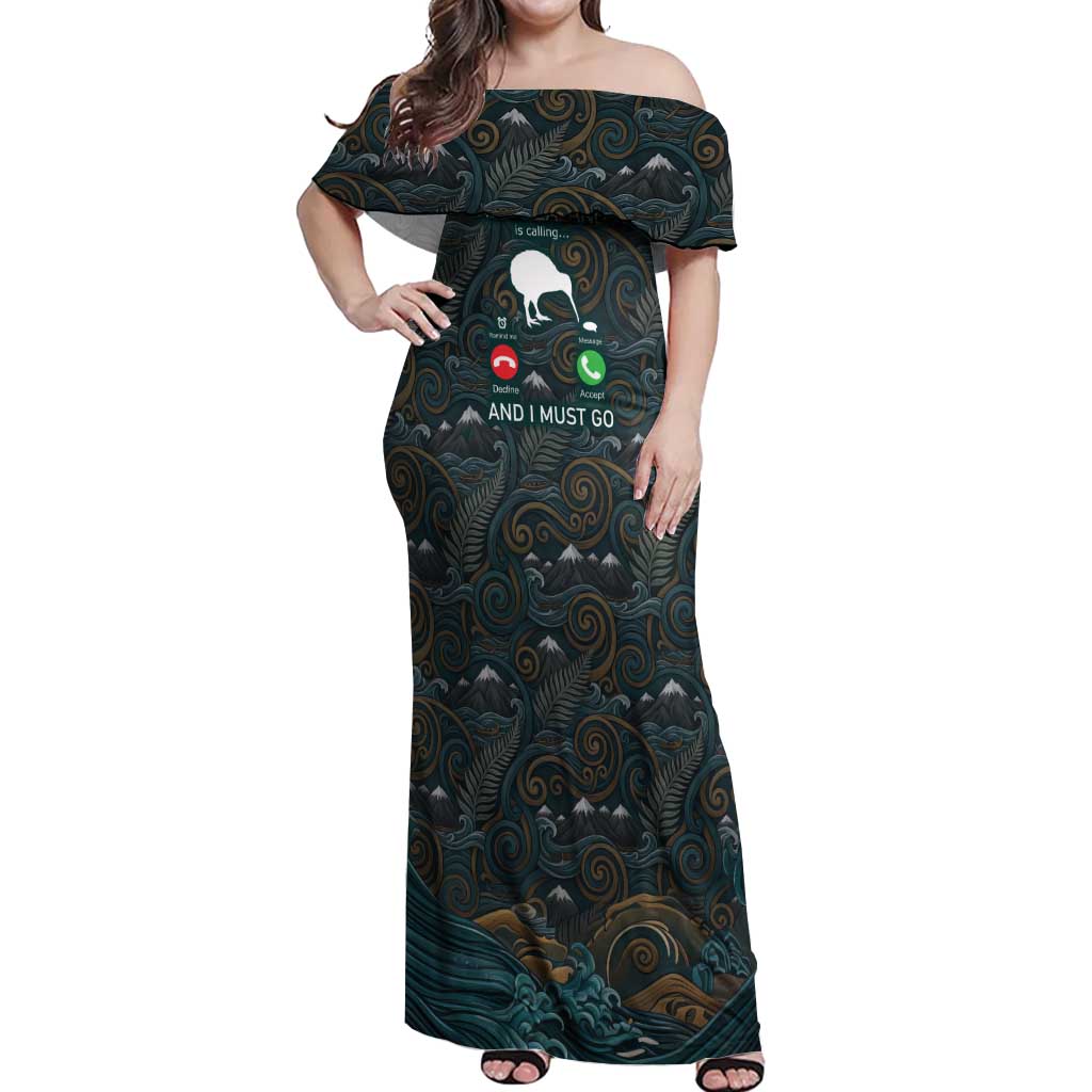 New Zealand is Calling and I Must Go Off Shoulder Maxi Dress Kiwi Bird Silhouette