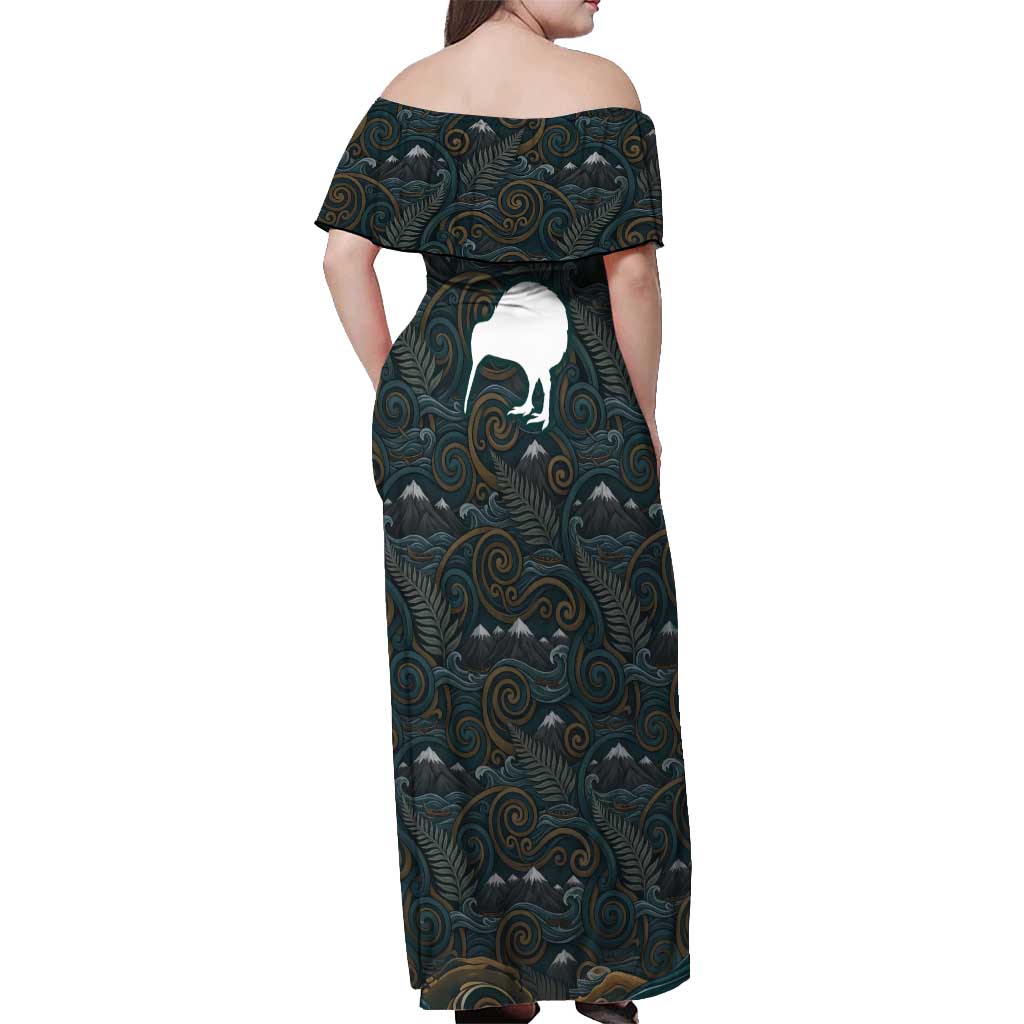 New Zealand is Calling and I Must Go Off Shoulder Maxi Dress Kiwi Bird Silhouette