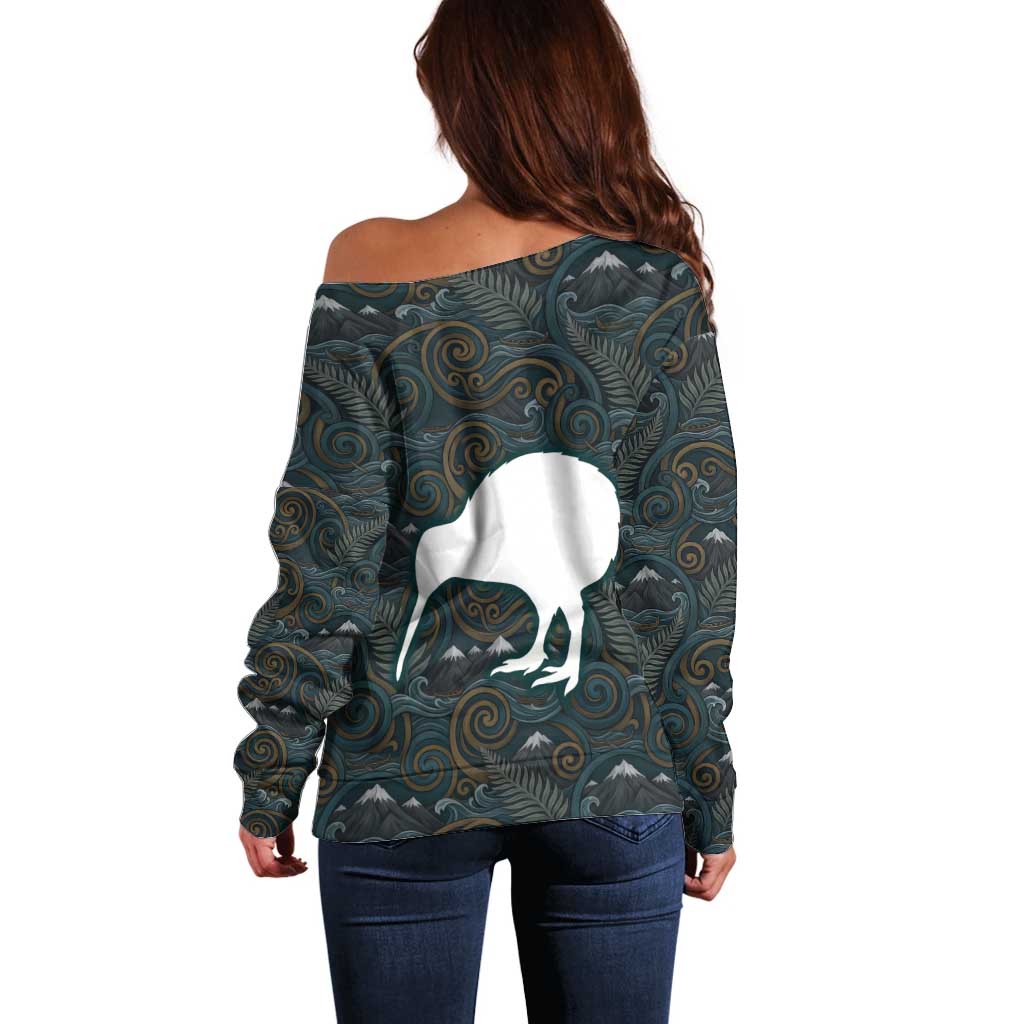 New Zealand is Calling and I Must Go Off Shoulder Sweater Kiwi Bird Silhouette