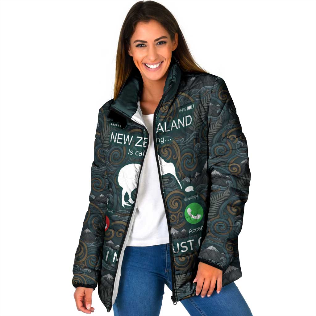 New Zealand is Calling and I Must Go Padded Jacket Kiwi Bird Silhouette