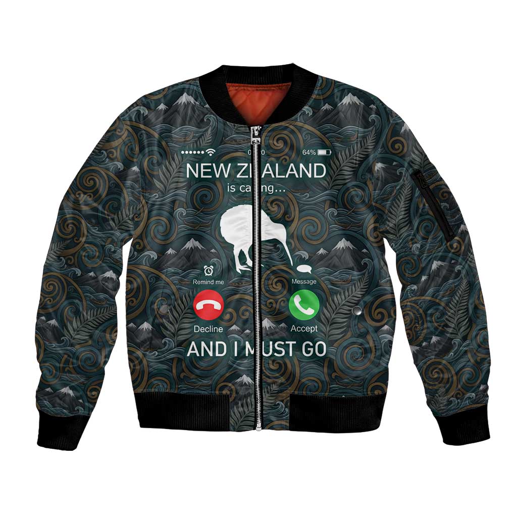 New Zealand is Calling and I Must Go Sleeve Zip Bomber Jacket Kiwi Bird Silhouette
