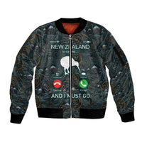 New Zealand is Calling and I Must Go Sleeve Zip Bomber Jacket Kiwi Bird Silhouette