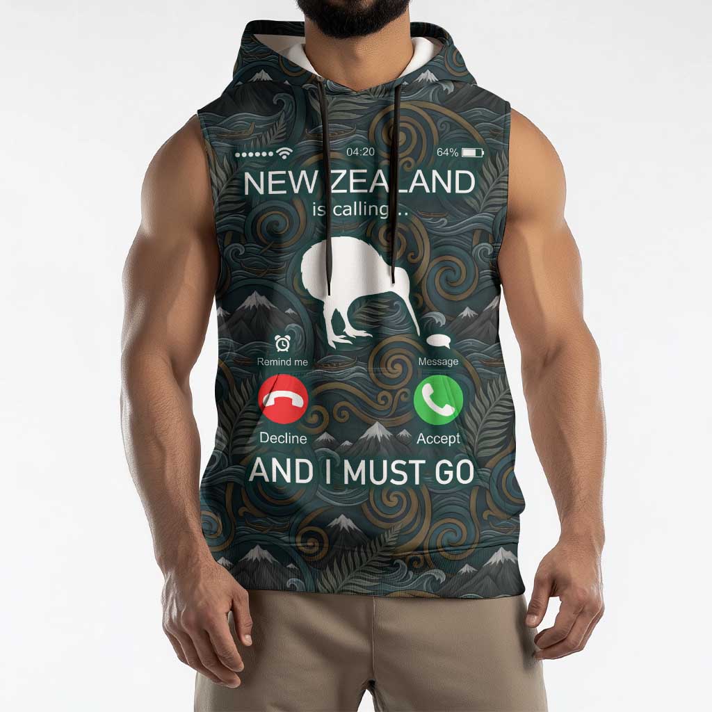 New Zealand is Calling and I Must Go Sleeveless Hoodie Kiwi Bird Silhouette