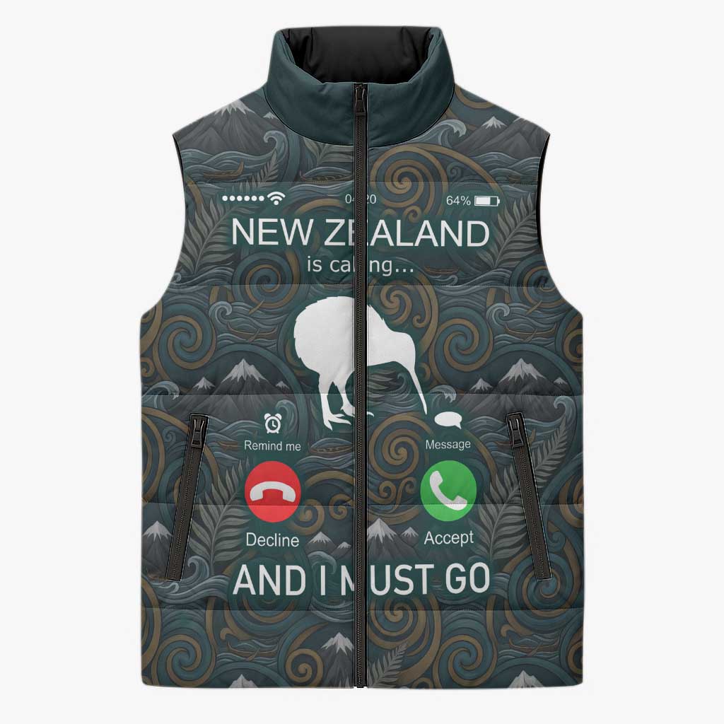 New Zealand is Calling and I Must Go Sleeveless Puffer Jacket Kiwi Bird Silhouette