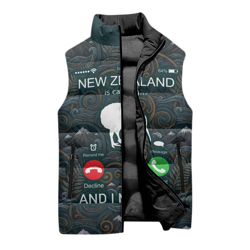 New Zealand is Calling and I Must Go Sleeveless Puffer Jacket Kiwi Bird Silhouette TS04 - Polynesian Pride