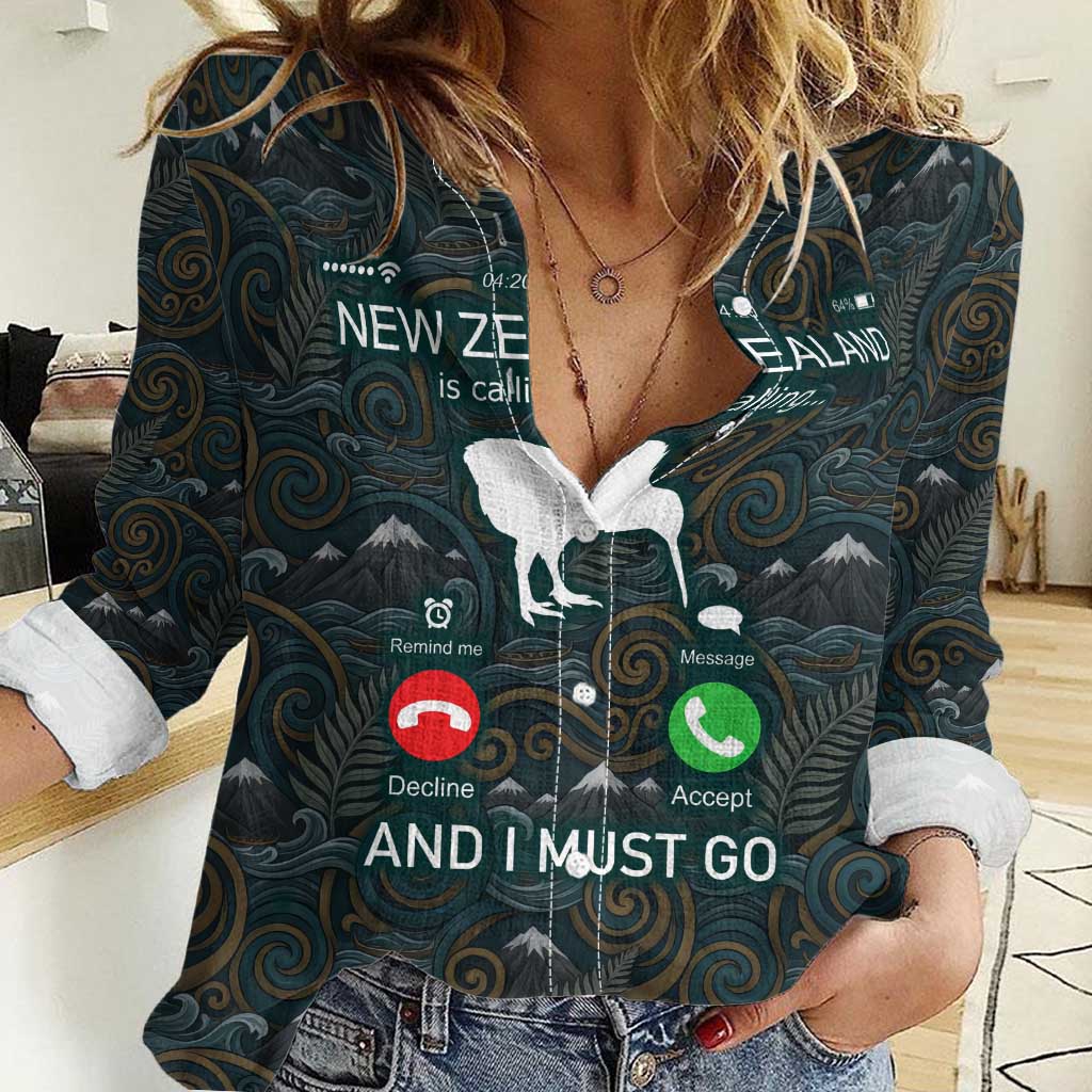 New Zealand is Calling and I Must Go Women Casual Shirt Kiwi Bird Silhouette