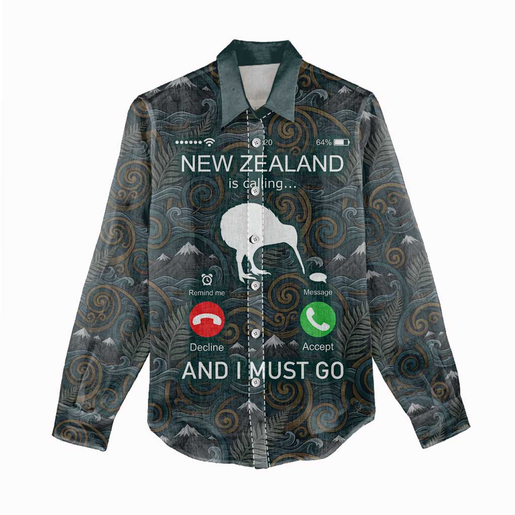 New Zealand is Calling and I Must Go Women Casual Shirt Kiwi Bird Silhouette