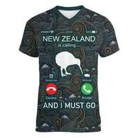 New Zealand is Calling and I Must Go Women V-Neck T-Shirt Kiwi Bird Silhouette